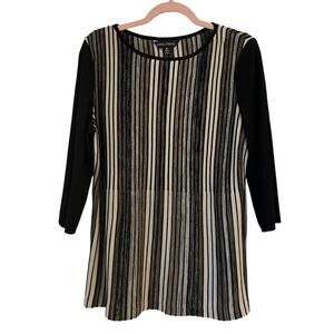 Ming Wang‎ Contrast Pleated Stripe Knit Tunic Medium Large Black Sweater Office